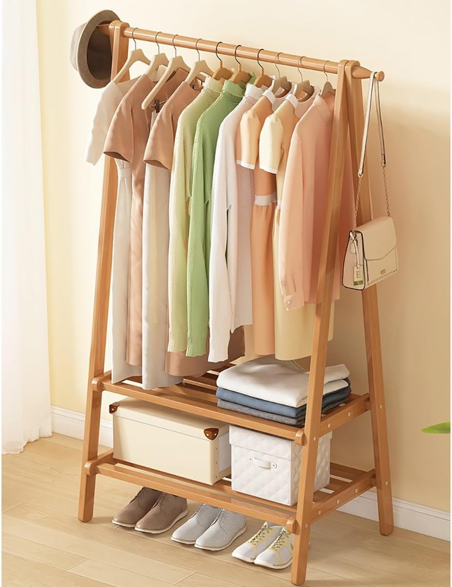 Free Standing Height Adjustable Coat Rack with Shoe Storage Shelfsolid Wood Bamboo Metal Treelike Coat Stand for Hats, Garments, and Clotheseasy Assembly and Collapsible