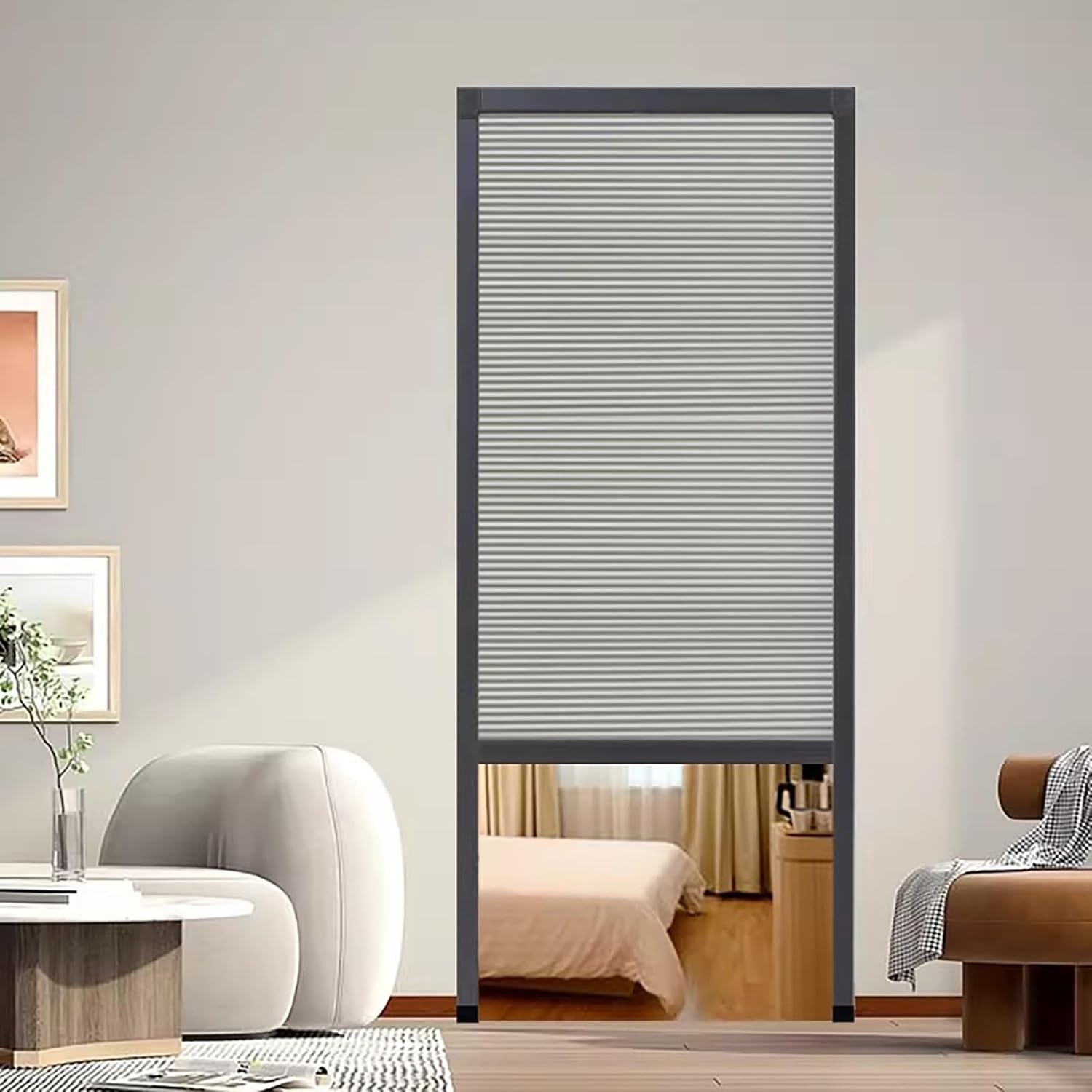 No Low Track Accordion Folding Door, Aluminum Frame Sliding Screen Door with Cellular Fabric Panel, Top Down Bottom Up Telescopic Door Kit(35x80in(89x203cm))
