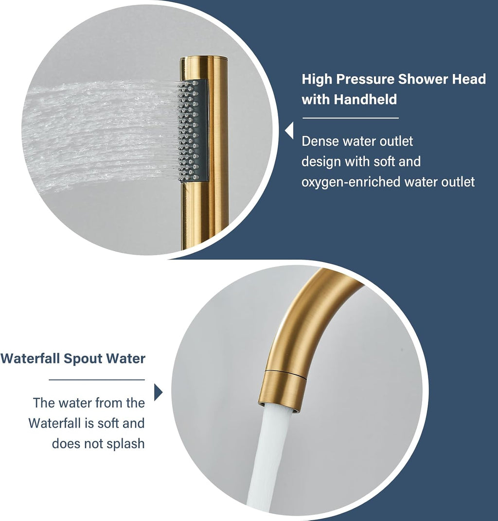 Brushed Gold Freestanding Bathtub Faucet with Hand Shower Tub Filler Faucet Floor Mounted High Flow Single Handle Bath Filler Solid Brass