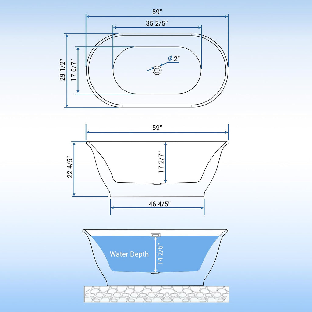 Modern Double-Walled Acrylic Bathtub, 59 Inch Deep Soaking Freestanding Tub with Matte Drain & Overflow, Ergonomic Comfort, cUPC Certified, Easy Installation, Freestanding Bathtub