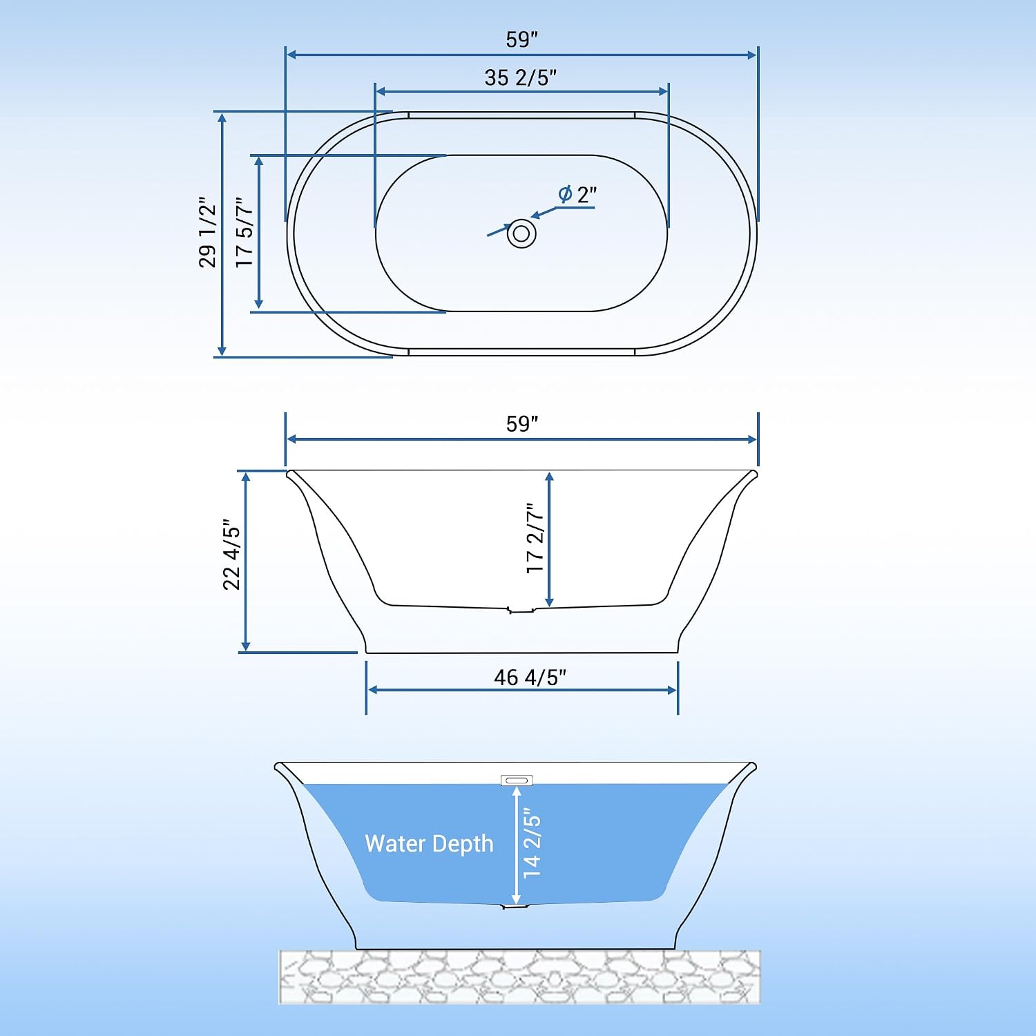 Modern Double-Walled Acrylic Bathtub, 59 Inch Deep Soaking Freestanding Tub with Matte Drain & Overflow, Ergonomic Comfort, cUPC Certified, Easy Installation, Freestanding Bathtub