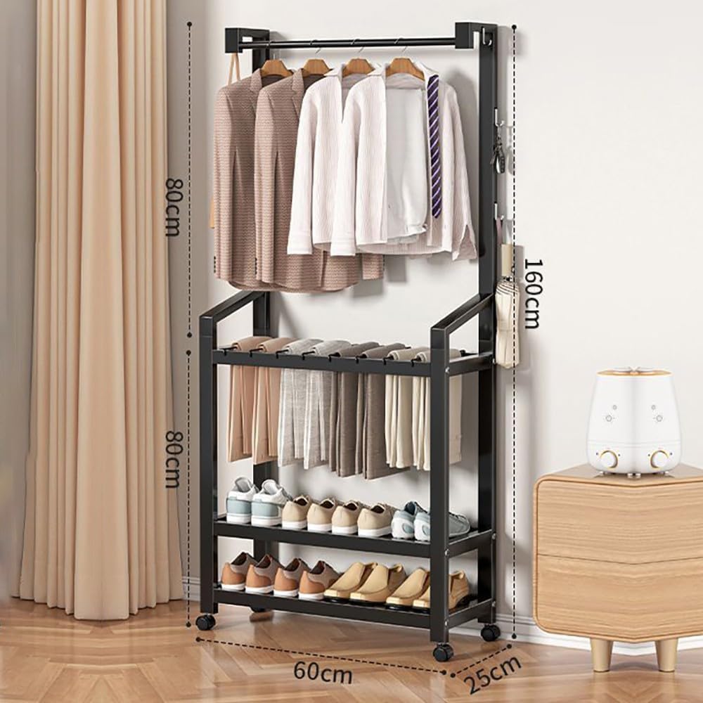 Office,Hallway Coat Rack with Storage Freestanding Garment Rack with Shoe Storage with Hooks Metal Frame Maximum Load 100kg for BedroomLiving Room(Black,60cm)