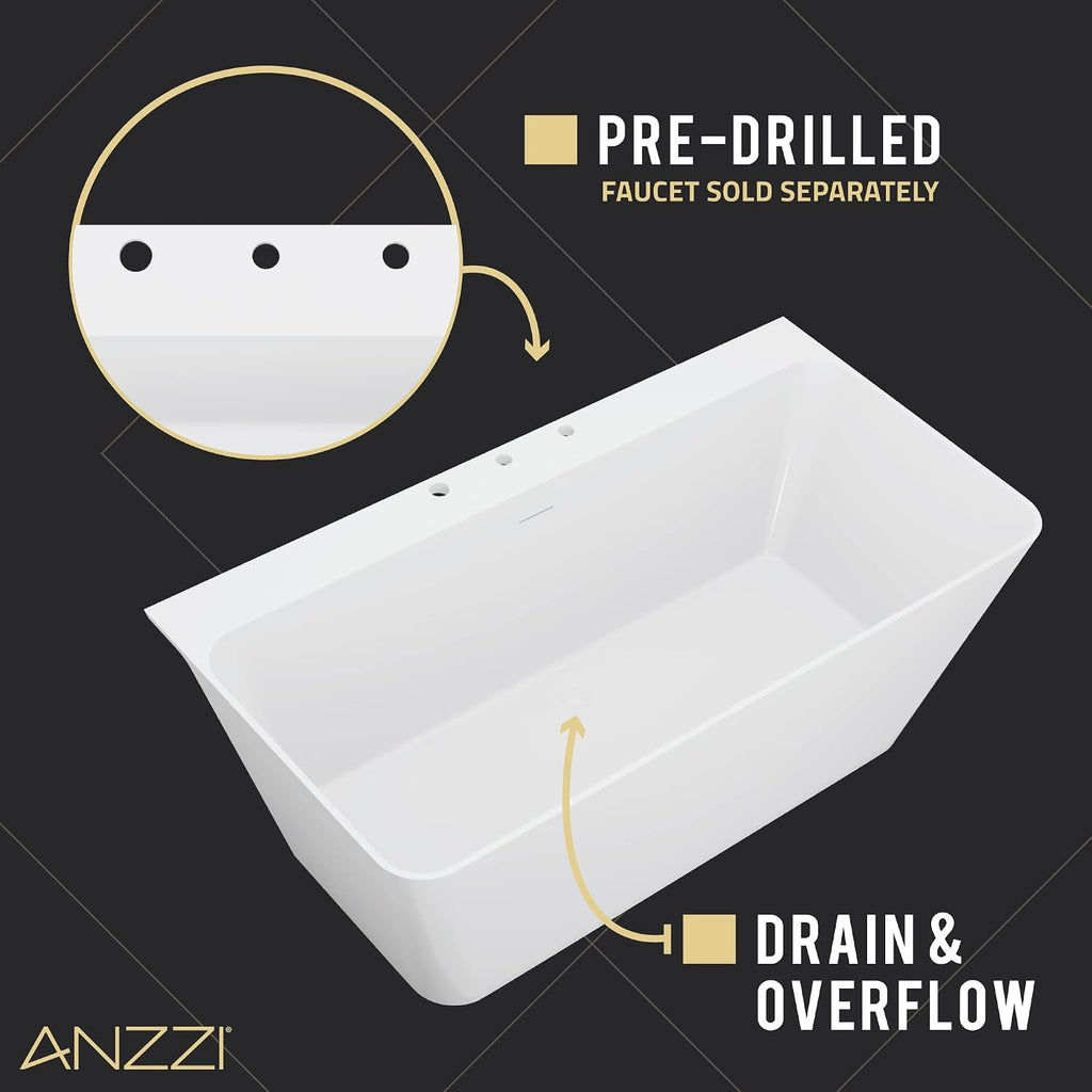 ANZZI Freestanding Tub 59,' Acrylic, Modern Stand Alone Soaking Tub, Built In Drain and Overflow, Free Standing Tub with Pre-drilled Faucet Holes, Series (FT-AZ114-59)