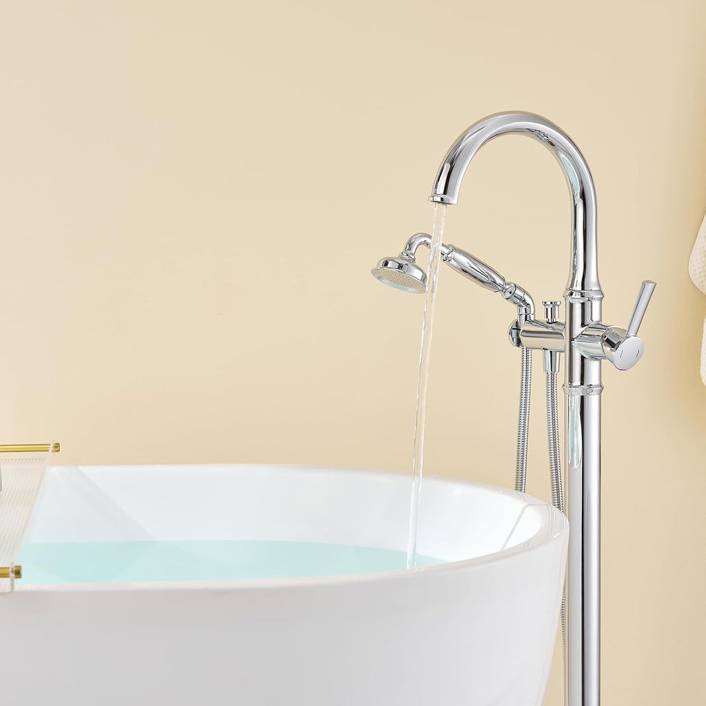 Wowkk Free Standing Tub Faucet Chrome Tub Filler Freestanding Bathtub Faucets Brass Tub Faucet with Hand Shower