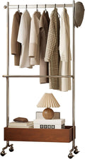 70inch Double Rod Clothes Rack With Wheels, Rolling Garment Rack With Storage Shelves Heavy Duty Metal Wood Clothing Rack For Bedroom, Living Room, Bathrooms(Brown)