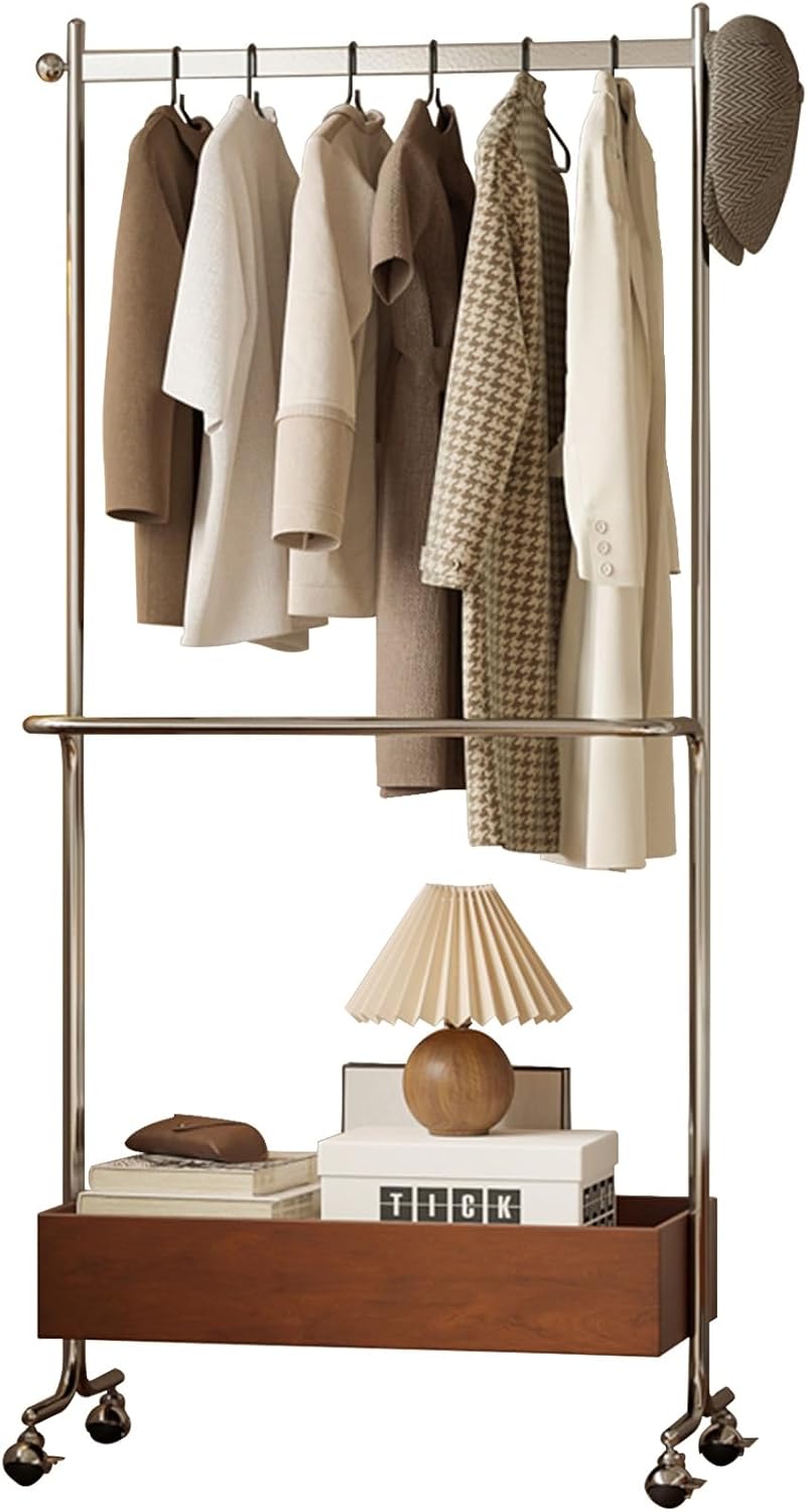 70inch Double Rod Clothes Rack With Wheels, Rolling Garment Rack With Storage Shelves Heavy Duty Metal Wood Clothing Rack For Bedroom, Living Room, Bathrooms(Brown)