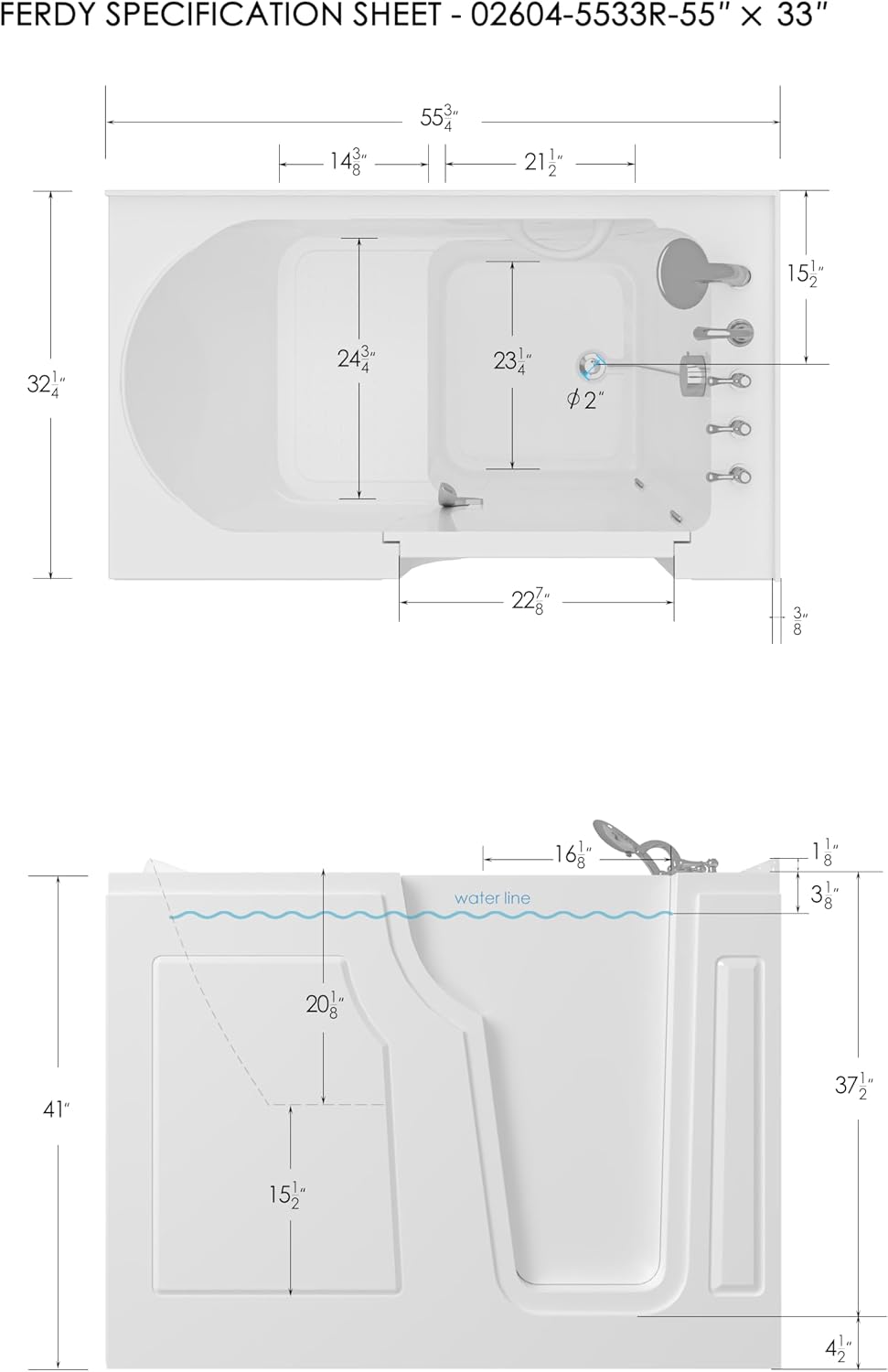 FerdY Floridian 55'x33' Walk-in Bathtub with Right-Side Door Opening and Quick Fill and Drain System, Rectangular Soaking Bathtub in White