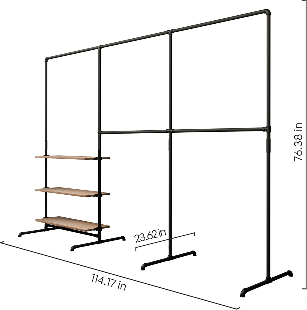 pamo Industrial Pipe Clothing Rack with Oak Shelf – 114' W x 76' H – Freestanding Metal Garment Rack for Bedroom, Walk-In Closet & Retail