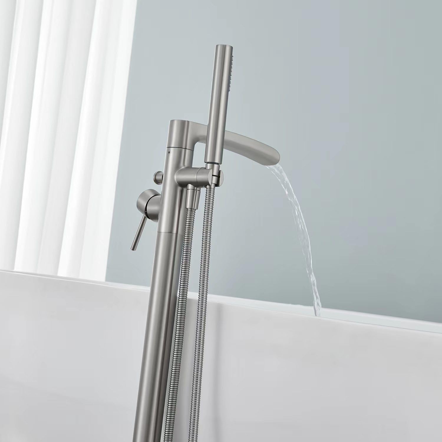 Wowkk Waterfall Freestanding Bathtub Faucet Brushed Nickel Floor Mount Tub Filler Brass Single Handle Bathroom Faucets with Hand Shower