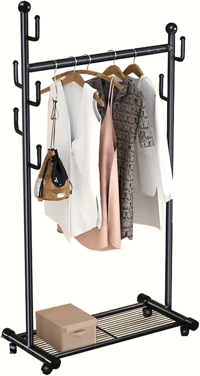 Portable Garment Rack for Hanging Clothes,34x17x68 inch Clothing Racks Heavy Duty, Freestanding Hanger with Wheels, Portable Clothes Rack with Top Rod, Lower Storage and 6 Hooks(Black,34x17x68 inch)