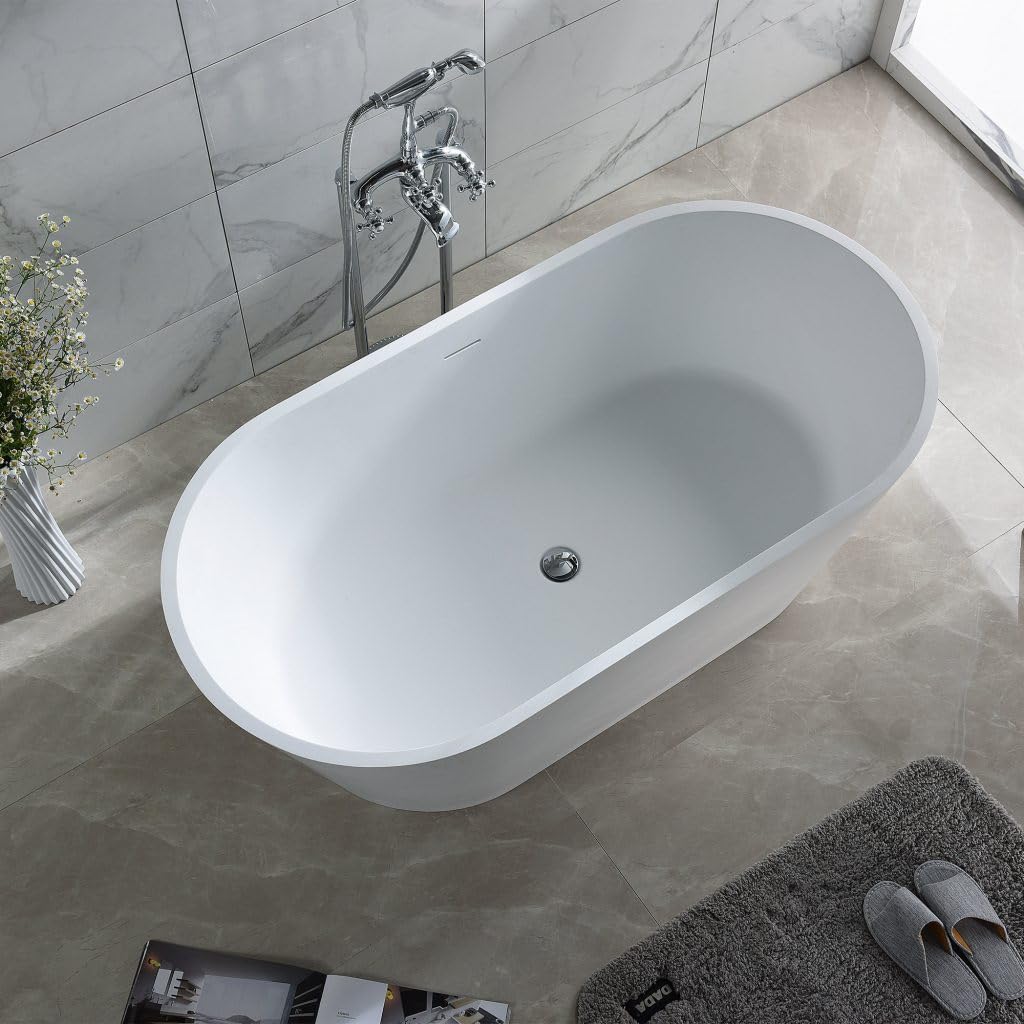 Dowell 60' Luxury Modern Stone Resin Freestanding Bathtub | Matte White Oval Solid Surface Soaking Tub with Integrated Slotted Overflow 077 60