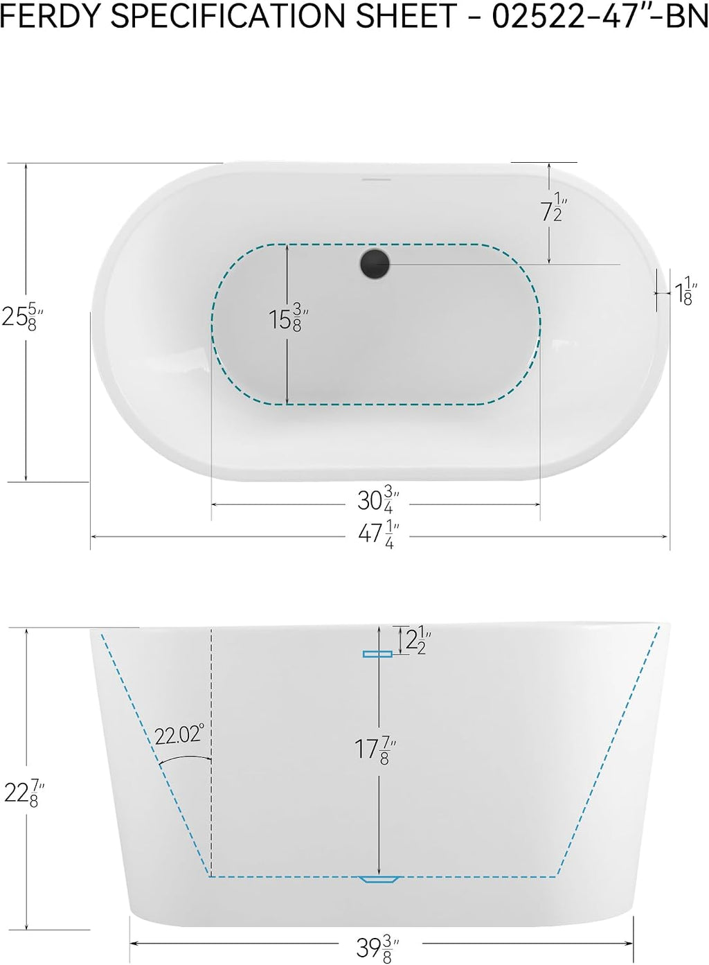 FerdY Shangri-La 47' Acrylic Freestanding Bathtub, Small Classic Oval Shape Acrylic Soaking Bathtub with Matte Black Drain & Bath Pillow for Bathtub,Thick Tub Pillows, Breathable 4D Air Mesh
