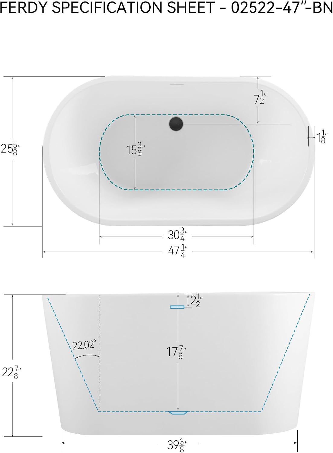 FerdY Shangri-La 47' Acrylic Freestanding Bathtub, Small Classic Oval Shape Acrylic Soaking Bathtub with Matte Black Drain & Bath Pillow for Bathtub,Thick Tub Pillows, Breathable 4D Air Mesh