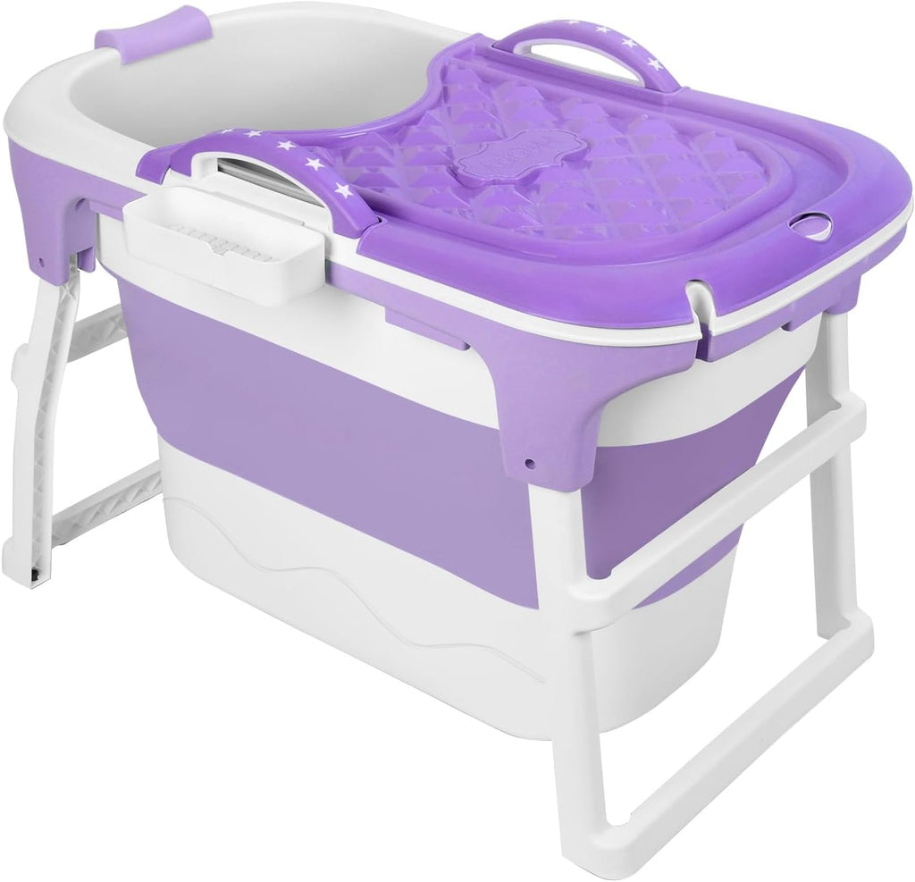Portable Folding Bathtub, 39' Small Foldable Tub with Ergonomic Seat & Massage Roller, Freestanding Surround Collapsible Tub, Effortless Foldable Bathtub for Homes Apartments Purple