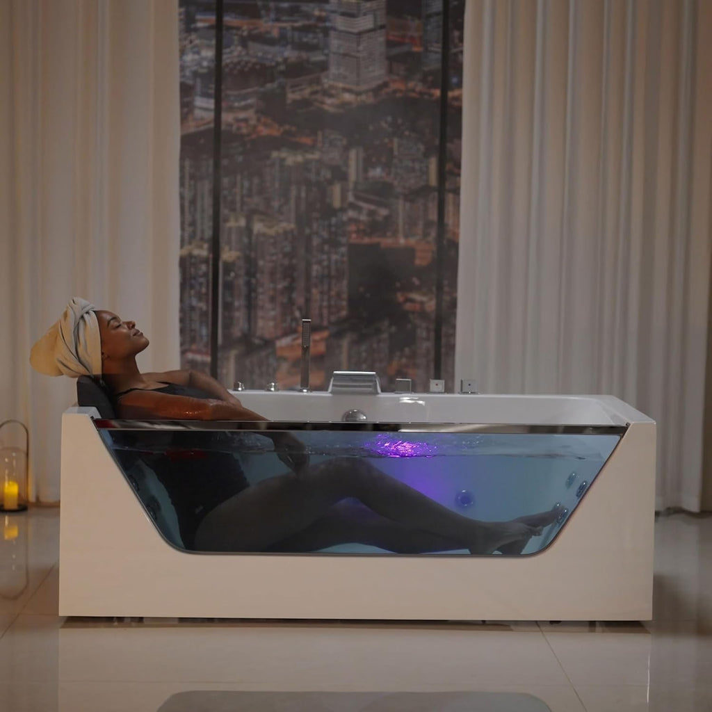 Empava 67' Whirlpool Bathtub with Chromatherapy, Hydrotherapy Jetted Bathtub with Glass Panel, 11 Jets,3-Side Apron,67 Gallons,ETL Certified, White
