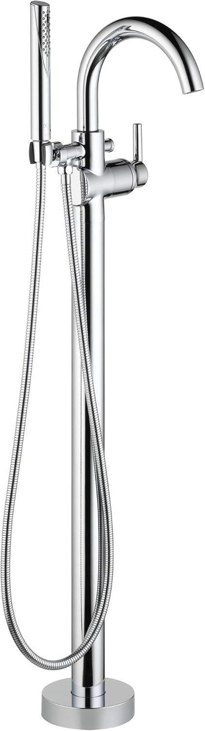 Delta Faucet Trinsic Floor Mount Tub Filler - Freestanding Roman Tub Spout with Handheld Shower - Flexible Shower Hose - Double Check Valves - Chrome, T4759-FL (Rough Sold Separately)