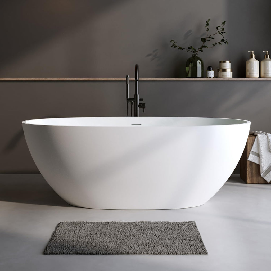 55' Solid Matte Tub, Stone Resin Freestanding Bathtub with Overflow, Pop-up Drain, Matte White (Oval)