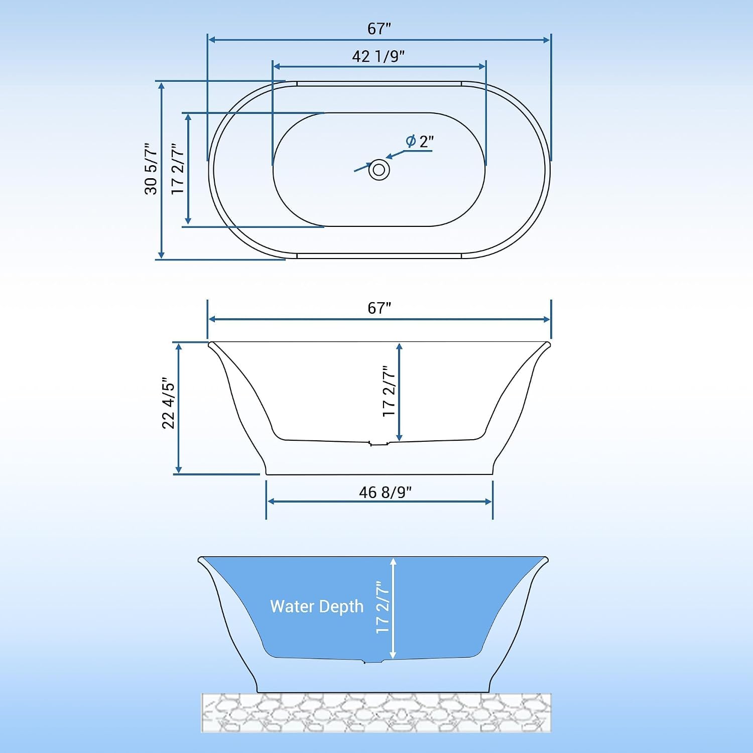 GarveeHome 67' Freestanding Bathtub, Acrylic Soaking Tub with Overflow, Matte Silver Drain, Modern Stand Alone Tub, Deep Free Standing Bath Tub for Bathroom, Hotel, Easy Install, CUPC Certified, White