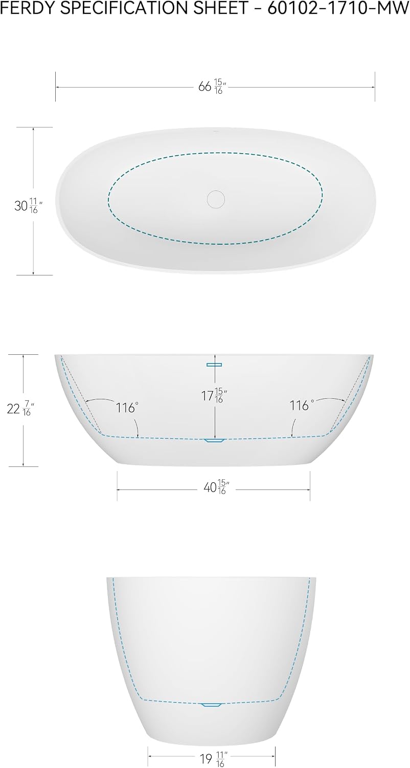 FerdY Goa 67' Resin Stone Freestanding Bathtub, Elegant Oval Freestanding Bathtub, Solid Surface Bathtub, Matte White, cUPC Certified, Minimalist Linear Design Overflow and Pop-Up Drain Pipe