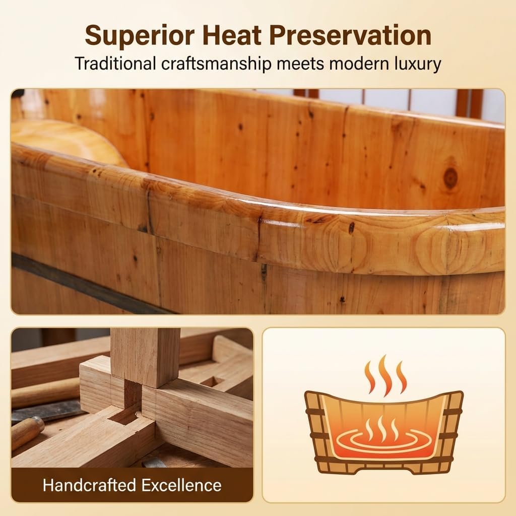 55 In Cedar Wood Bathtub for Adults, Wave-Base Water-Saving Wooden Bath Tub, Eco-Friendly Solid Wood Bath Barrel, Premium Sauna Wood Bath Tub for Home and Commercial Use