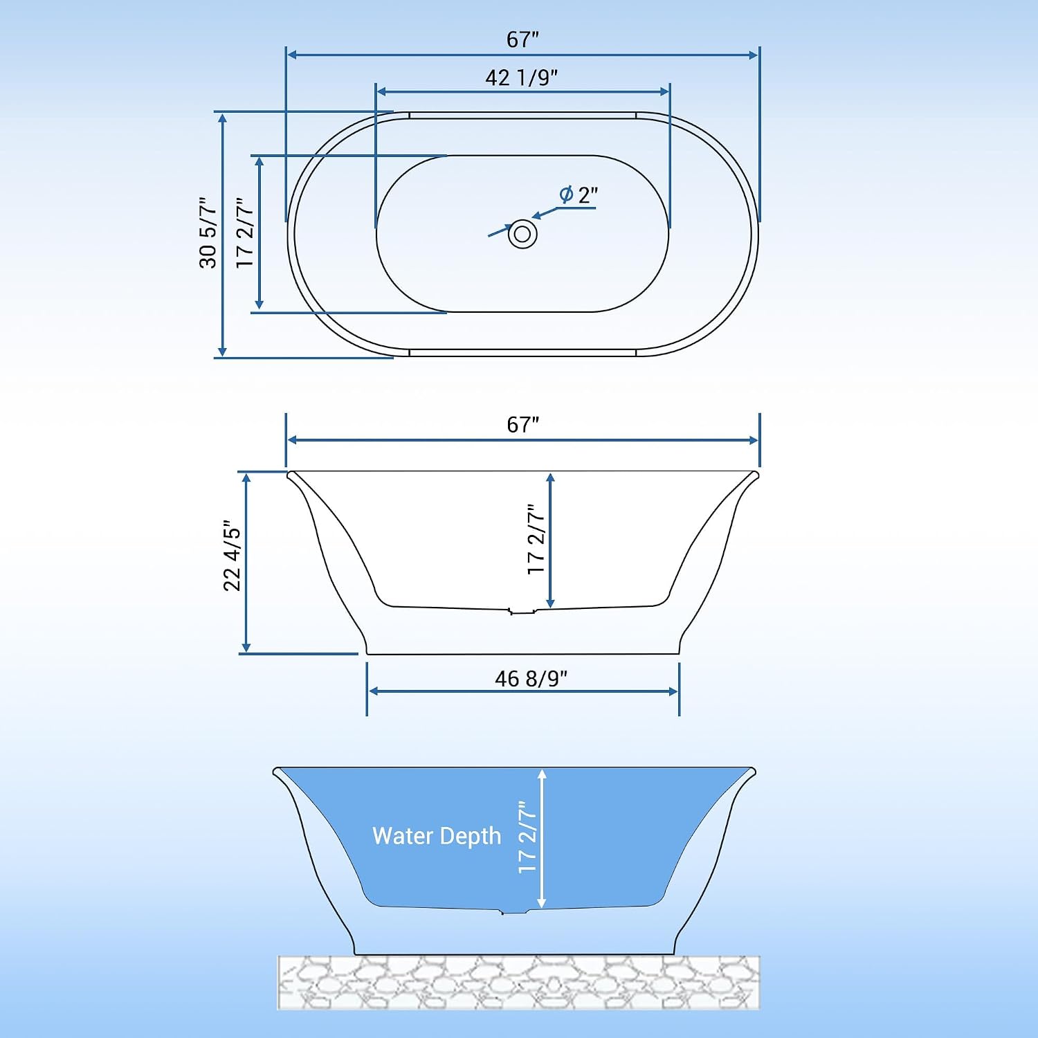 67' Free Standing Tub, Acrylic Soaking Bathtub, Stand Alone Freestanding Tub with Matte Sliver Drain and Overflow, Contemporary Bathtub for Bathroom, Flora