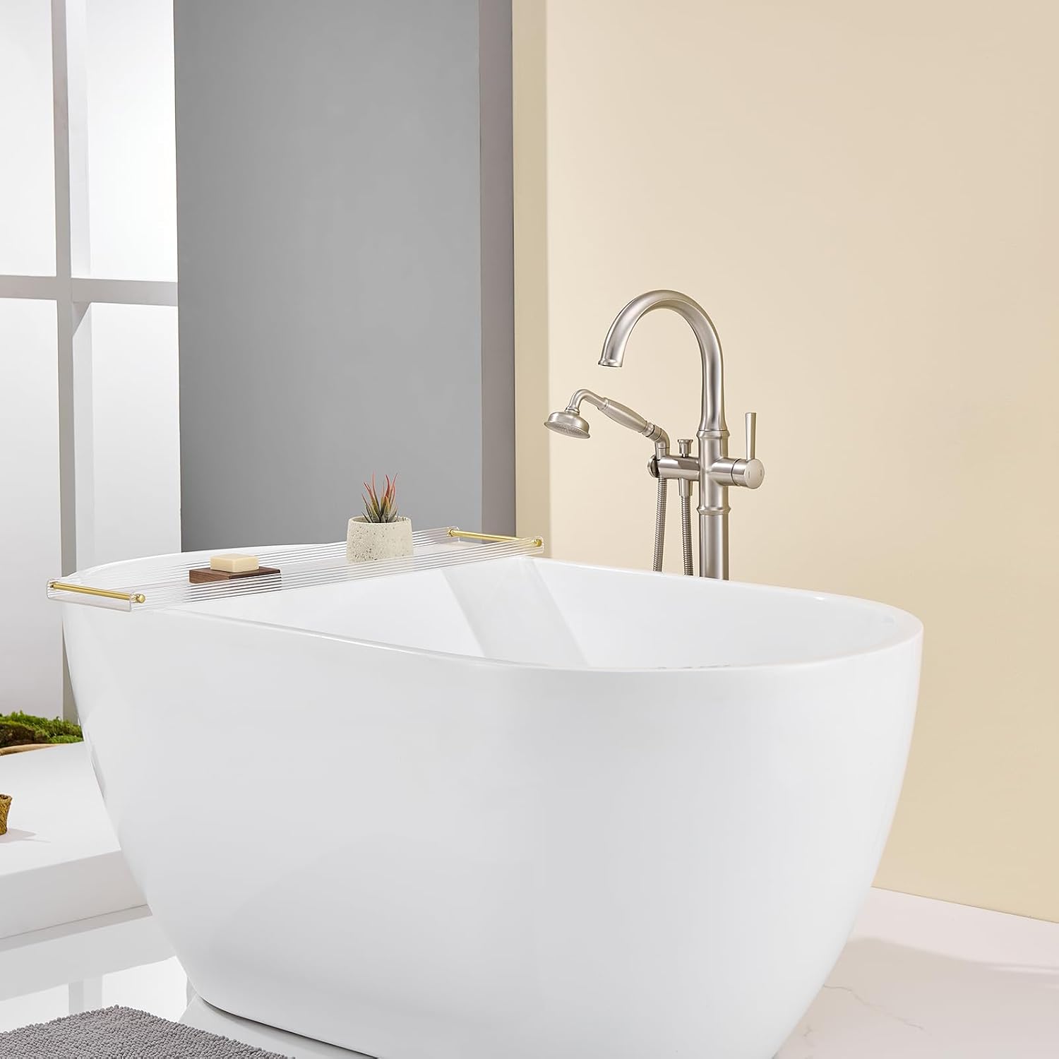 Wowkk Freestanding Tub Faucet Floor Mount Tub Filler Brushed Nickel Free Standing Bathtub Faucet Brass Bath Faucet with Hand Shower