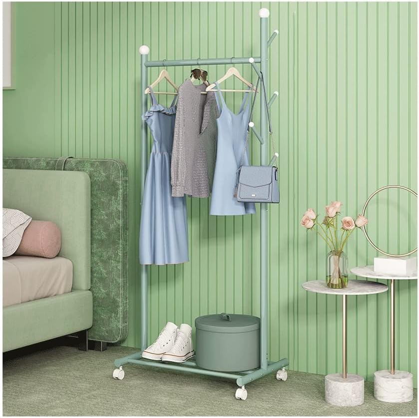 Single Rod Clothes Rack Small Rolling Clothing Garment Rack with Shelves for Hanging Clothes Heavy Duty Metal Wardrobe Rack Bedroom Storage Organizer Shelf (Green-68X43X170cm