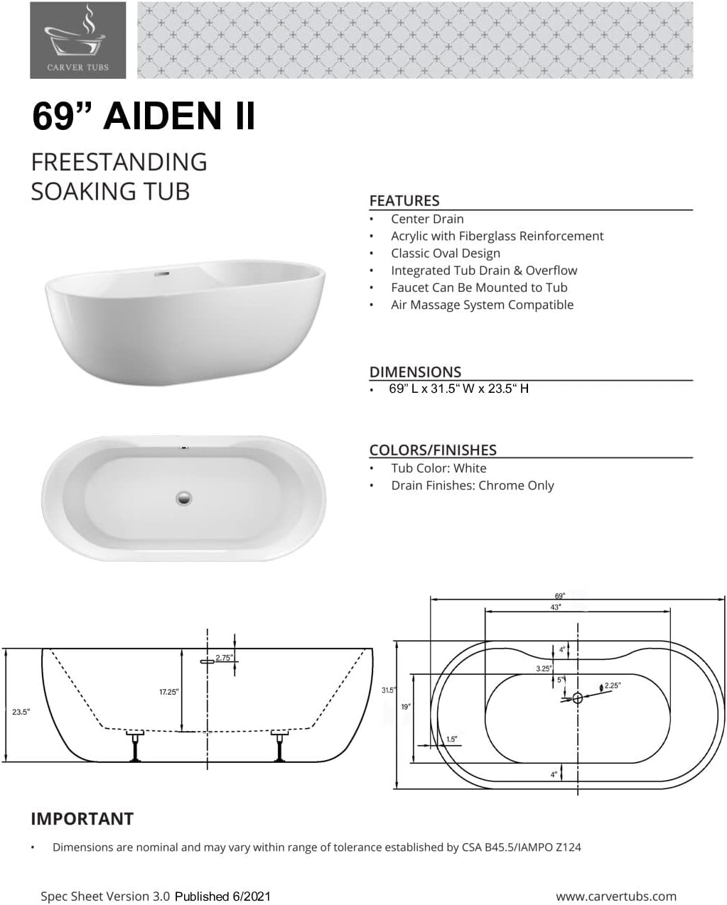 Carver Tubs - Aiden II 69' - Modern Freestanding Soaking Bathtub, Two Person Soaking Free Standing Bathtub w/Chrome Drain - White Contemporary Oval Acrylic Fiberglass Tub - 69″L x 31.5'W x 23.5'H