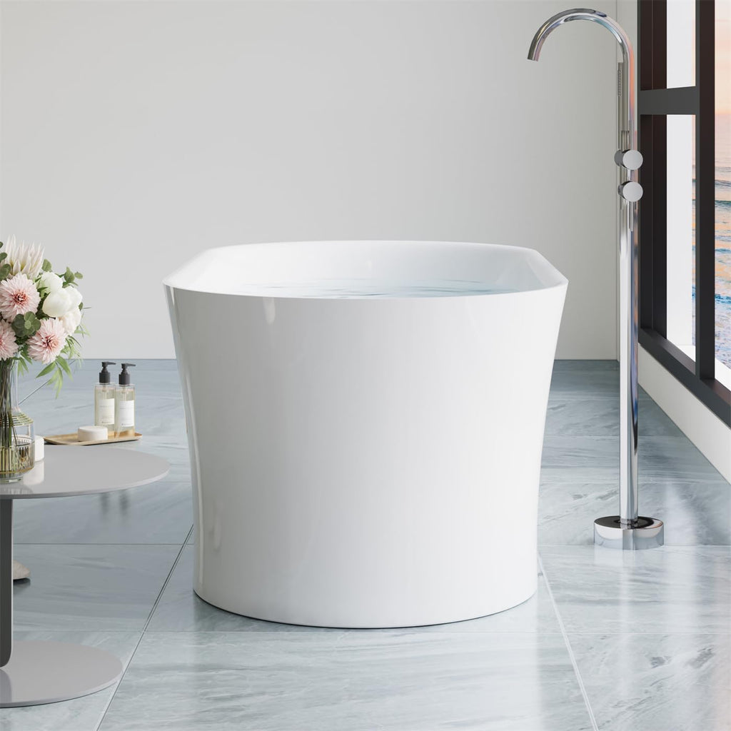 WELLFOR 59 Inch Acrylic Freestanding Bathtub, 80 Gallons Capacity White Soaking Tub, Freestanding Soaking bath tub with Chrome Bathtub Drain and Groove Overflow, Glossy White