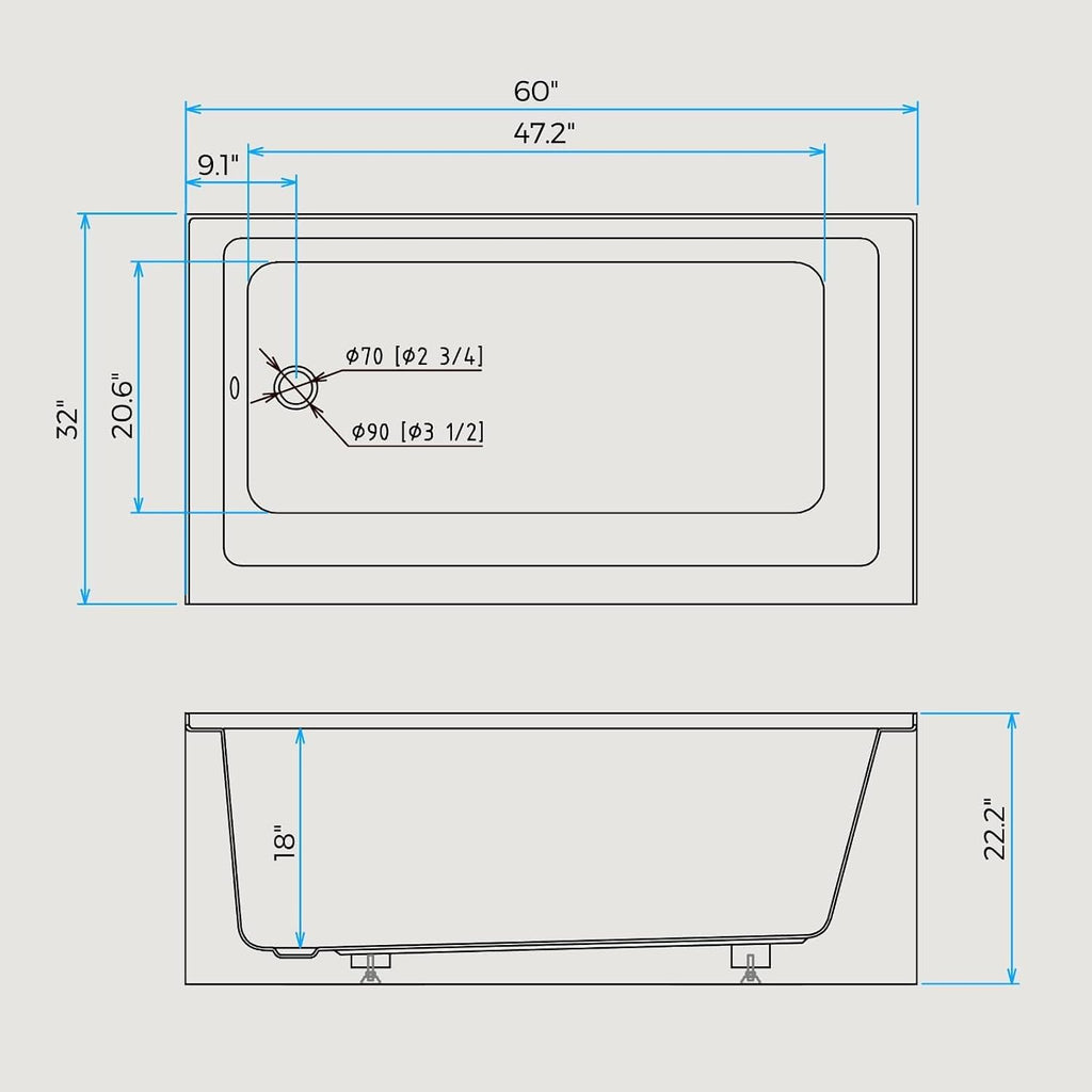 60' X 32' Acrylic Drop-in Bathtub, Glossy White Soaking Tub with Storage Ledge, Left Drain & Integral Flange