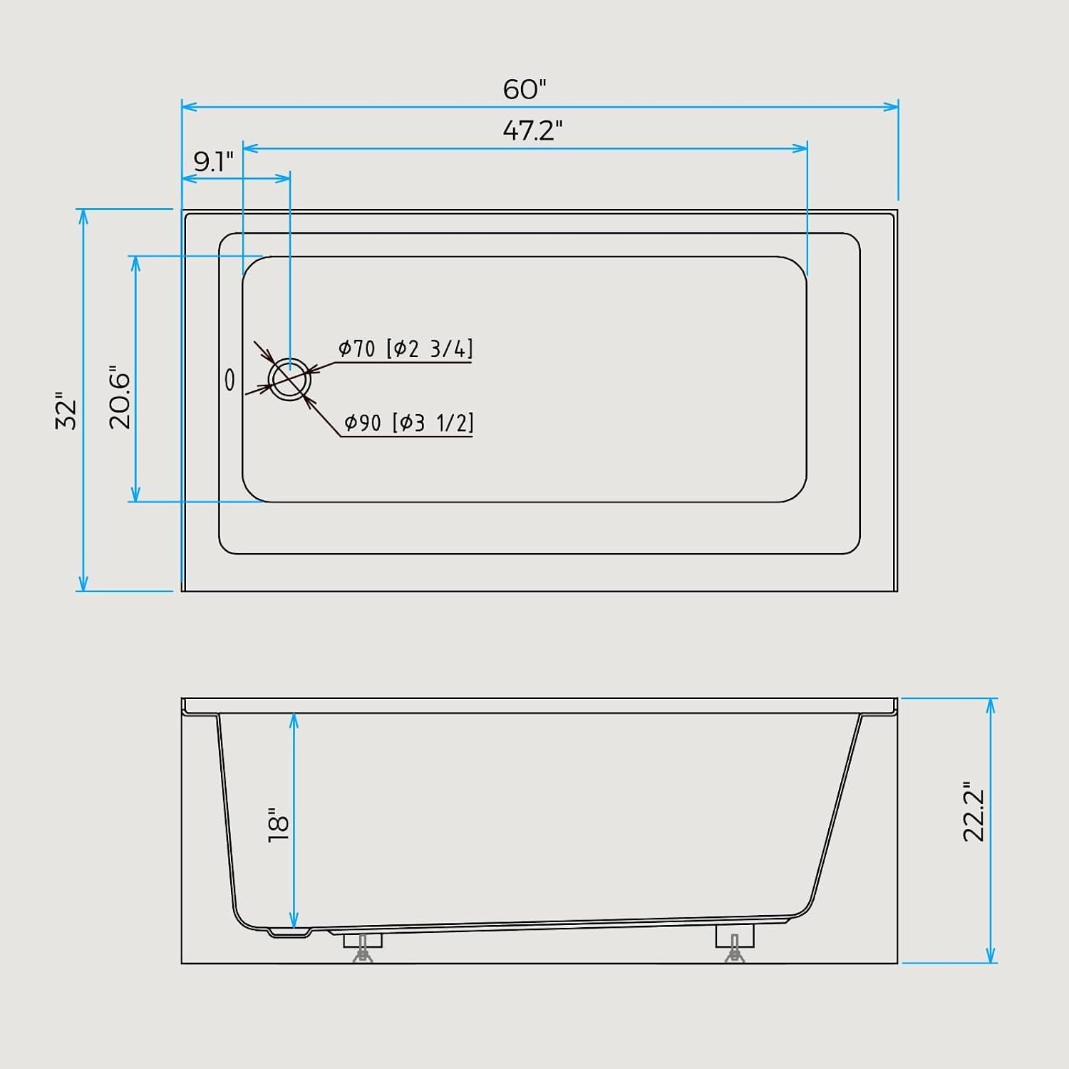 60' X 32' Acrylic Drop-in Bathtub, Glossy White Soaking Tub with Storage Ledge, Left Drain & Integral Flange