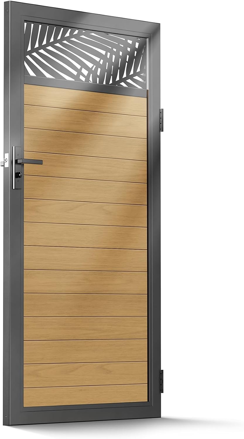 3x6 FT Aluminum Fence Gate Kit Wood Grain Aluminum Gate with Decorative Cutout, Lock & Hinges, Left/Right Opening, Weather Resistant for Yard Garden Patio