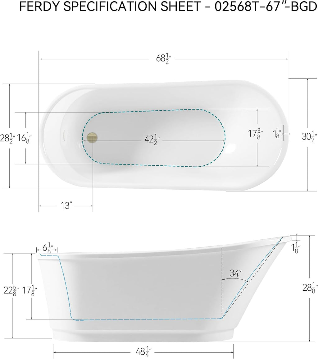 FerdY Langkawi 67' Acrylic Freestanding Bathtub, White Modern Stand Alone Soaking Bathtub, cUPC Certified, Brushed Gold Drain and Minimalist Linear Design Overflow Included, Easy to Install