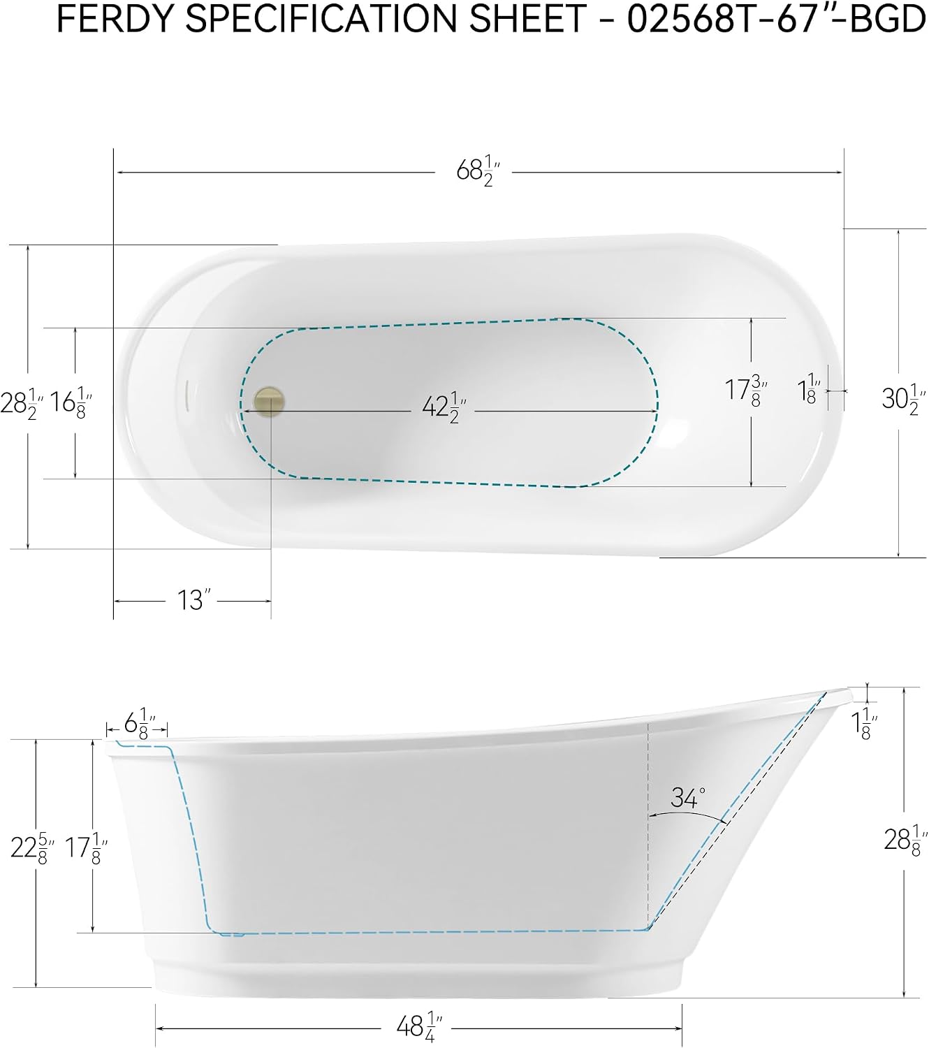 FerdY Langkawi 67' Acrylic Freestanding Bathtub, White Modern Stand Alone Soaking Bathtub, cUPC Certified, Brushed Gold Drain and Minimalist Linear Design Overflow Included, Easy to Install