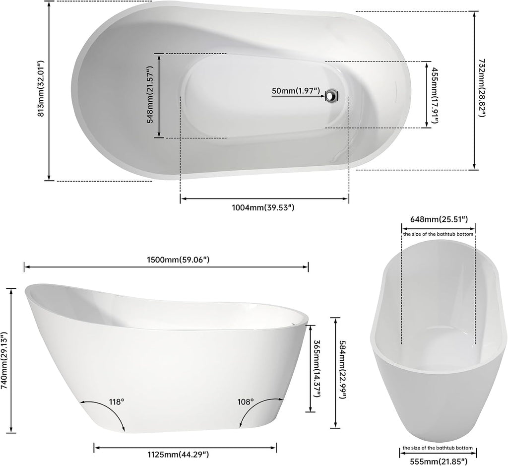 59' Premium Modern Freestanding Bath Tubs, Unique Gloss White Acrylic Soaking Tub with Overflow and Drain