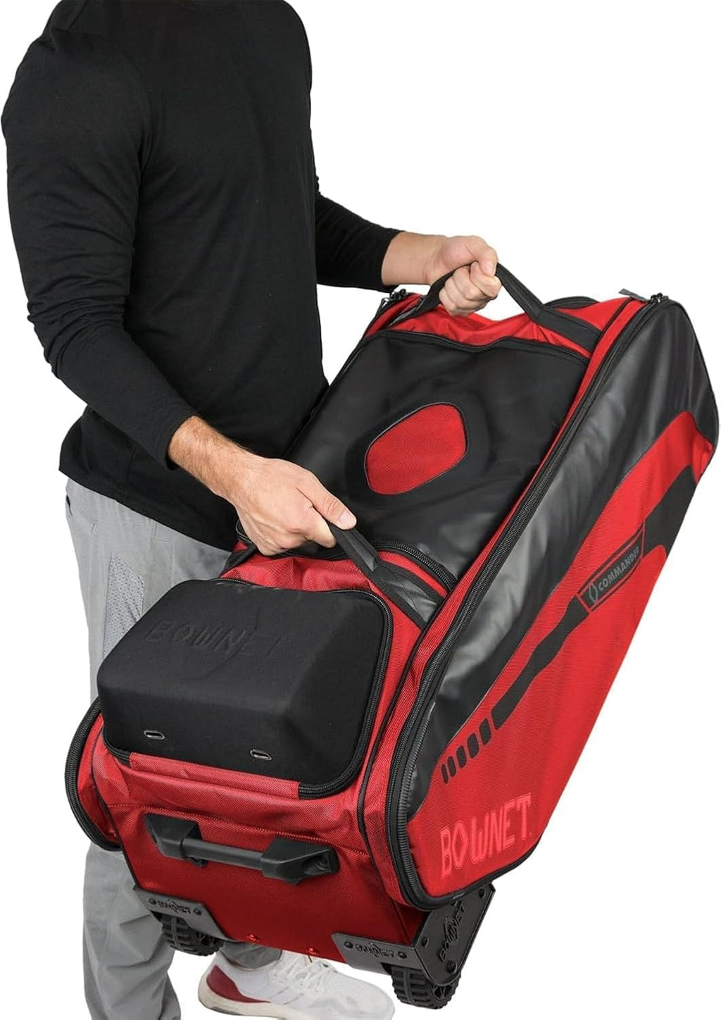 Bownet Commander Rolling Catcher's Gear Bag with Wheels – Baseball & Softball Equipment Bag for Travel Ball, Youth & Adult, 14 Pockets, Molded Helmet Case, Airline Approved