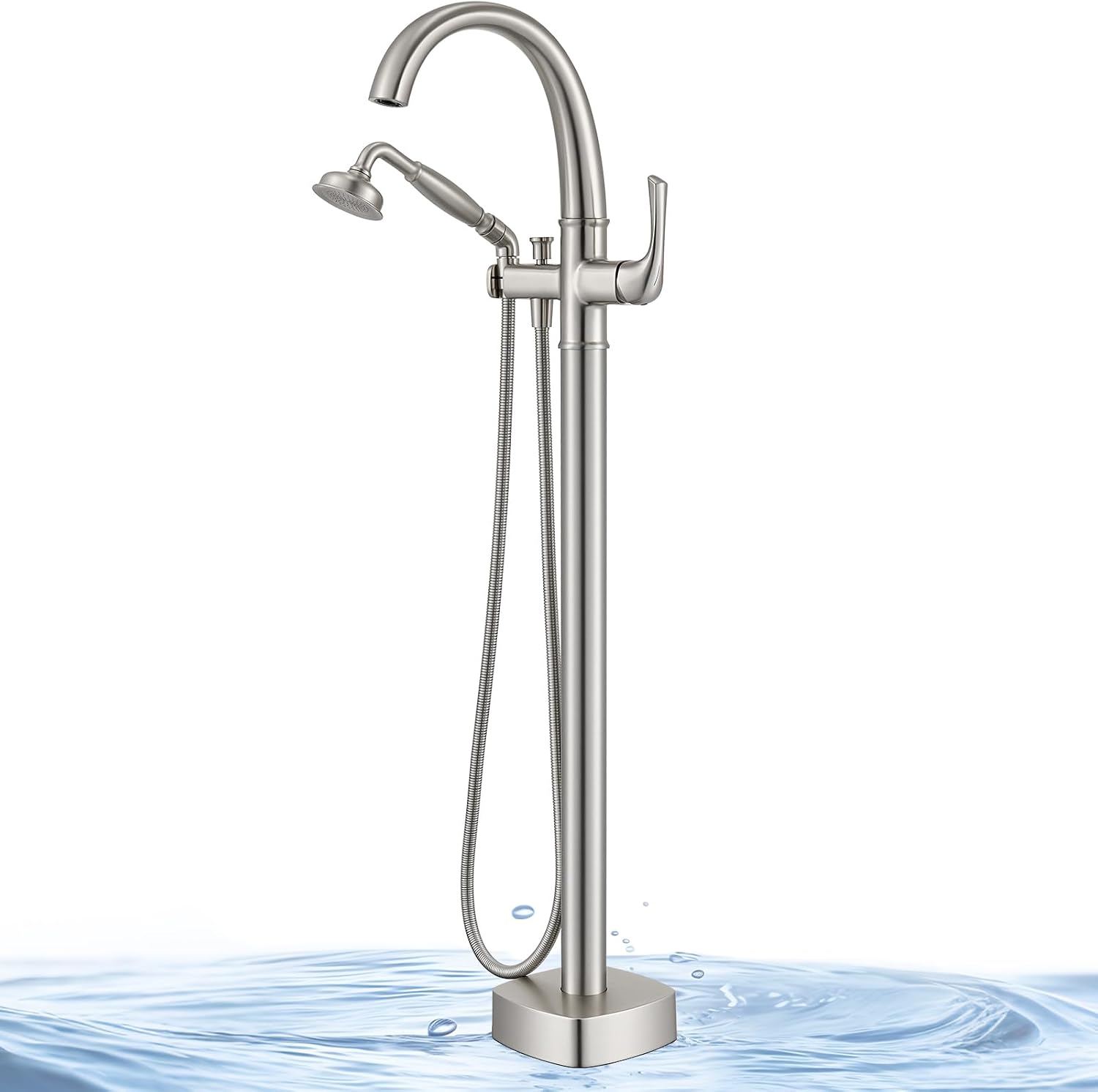 Free Standing Tub Faucet, Jabbol Luxury Freestanding Bathtub Faucet with Sprayer, Brass Bathroom Floor Mount Tub Filler, Brushed Nickel (JB-8811BN)