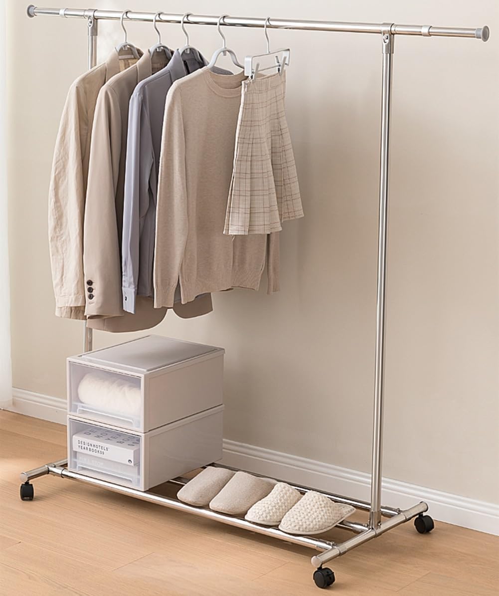 Extendable Steel Clothing Garment Rack with Wheels, Telescopic Rod, Rolling Clothes Rack for Bedroom, Laundry Room, Clothes Rail with Bottom Shelf and 4 Wheels, Load Capacity 80kg