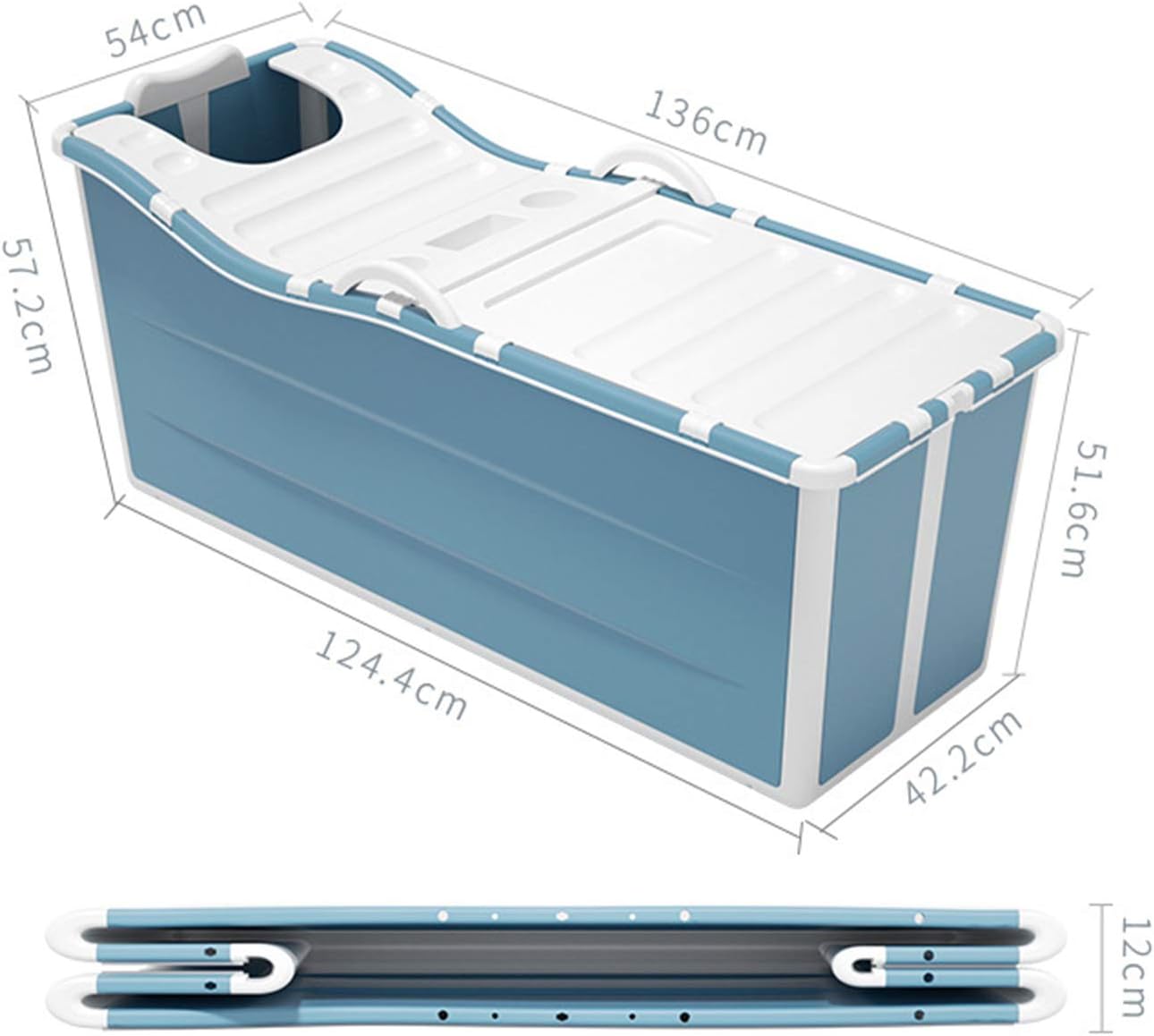 Portable Foldable Bathtub 53In Freestanding Bathtub with Lid & Drain-pipe, Blue Thickened Plastic Collapsible Soaking Bath Tub for Adults, Bearing Capacity 92.48lbs (with Lid)