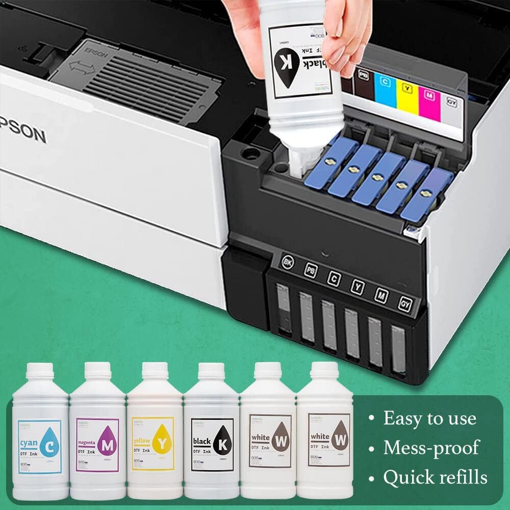 Premium Large DTF Ink Bottle Bulk Refill Set 6000ML (1000ml x 6, CMYK 2X Wh) - Direct to Film Heat Transfer Printing, Conversion Kit, Compatible w/DTF Film Cyan/Magenta/Yellow/Black/2x White