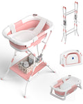 Baby Bathtub with Stand, 2-in-1 Collapsible Bath Tubs for Newborn to Toddler, Infant Bathtub with Folding Stand, Portable Bathtub for Baby Including Soft Cushion, Storage Pad (Pink)