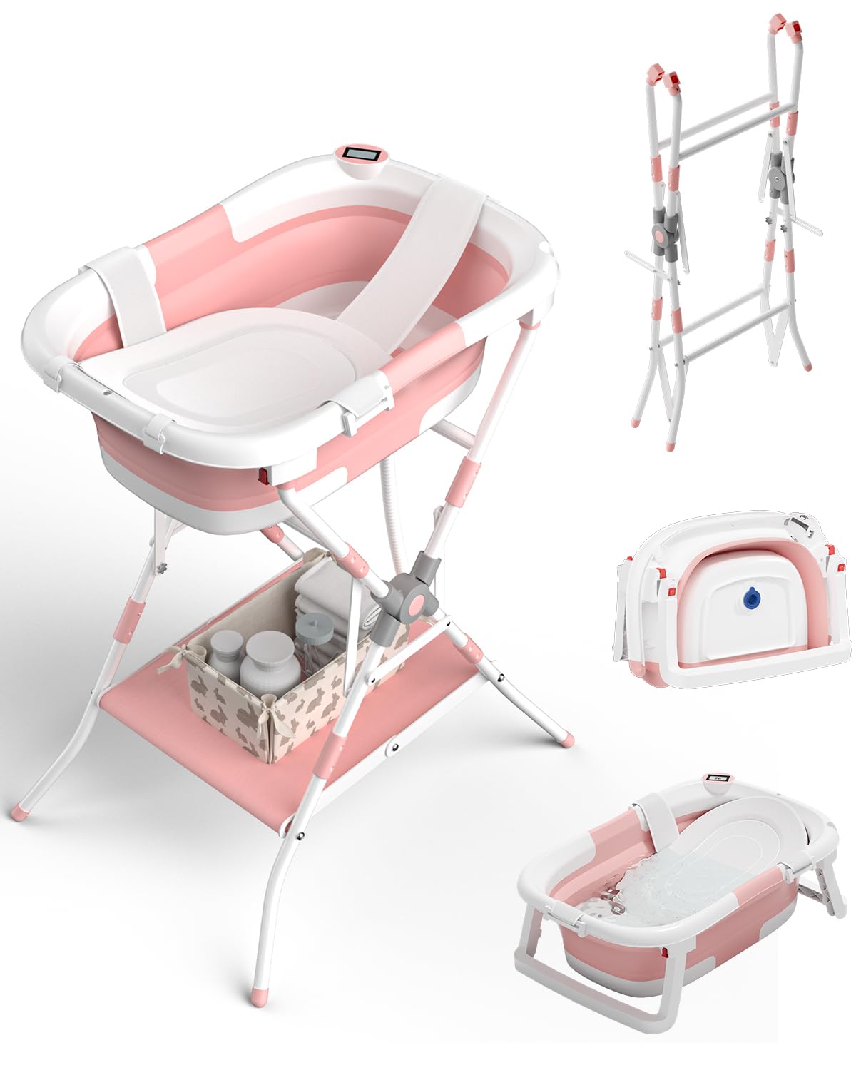 Baby Bathtub with Stand, 2-in-1 Collapsible Bath Tubs for Newborn to Toddler, Infant Bathtub with Folding Stand, Portable Bathtub for Baby Including Soft Cushion, Storage Pad (Pink)