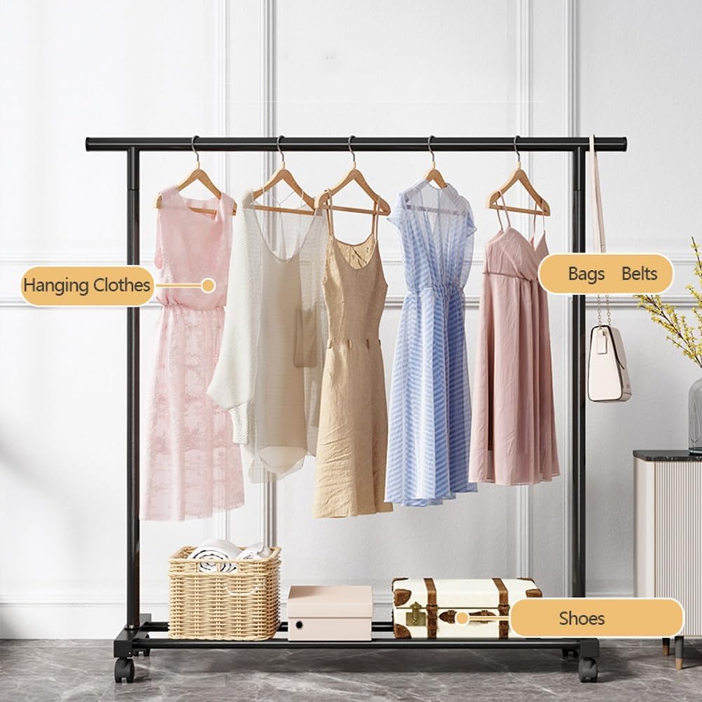 Rolling Metal Clothing Rail Garment Rack, Clothes Rack with Bottom Shelves, Portable Clothing Hanger Organizer with Wheels for Bedroom, Living Room, Max Load 80kg, 120cm