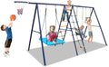 6 in 1 Backyard Swing Set, Heavy Metal A-Frame, Trapeze bar, Climbing net and Ladder, Basketball Hoop, Children's Outdoor Playground Swing Cover
