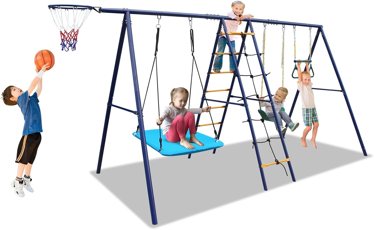 6 in 1 Backyard Swing Set, Heavy Metal A-Frame, Trapeze bar, Climbing net and Ladder, Basketball Hoop, Children's Outdoor Playground Swing Cover