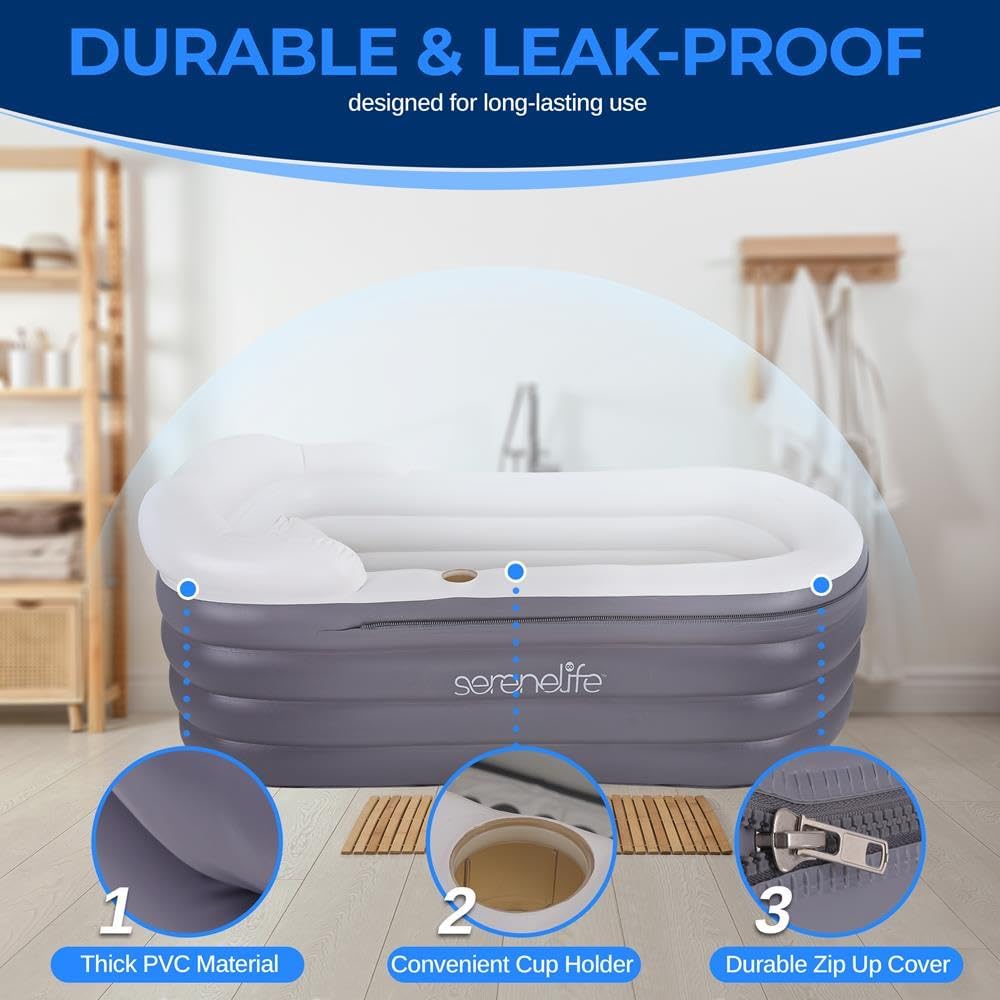 SereneLife Inflatable Bathtub with Bubble Massage Mat, Non-Slip, Backrest Support, Includes Pillow, Cup Holder, Remote Control, Easy Storage, PVC Material, Supporting Up To 345 lbs., ‎66'x30'x26'