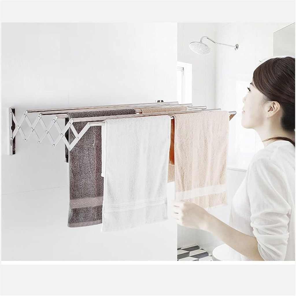Folding Retractable Wall-Mounted Clothes Airer, Stainless Steel Towel & Garment Drying Rack, Collapsible Bathroom Laundry Line, 50cm