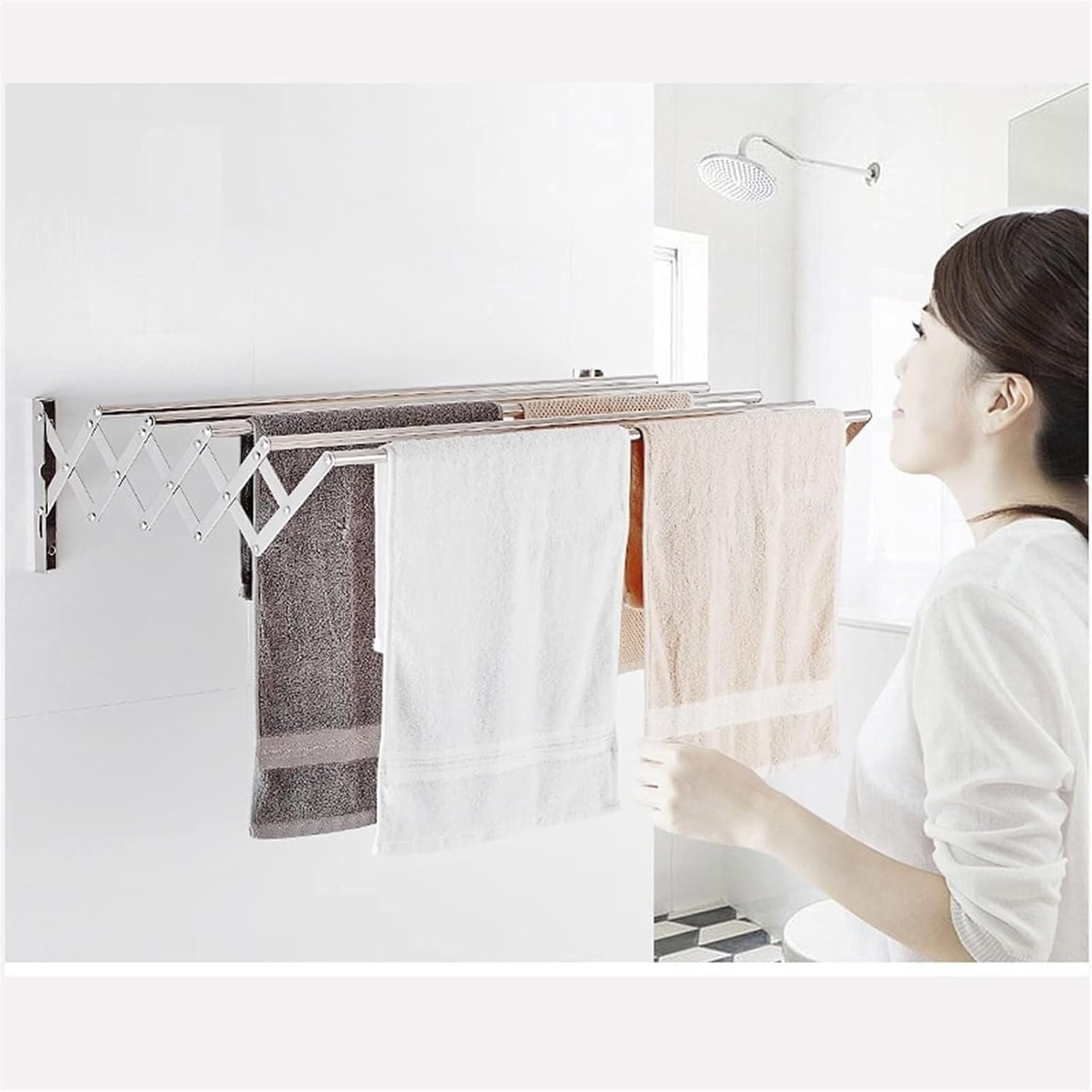 Folding Retractable Wall-Mounted Clothes Airer, Stainless Steel Towel & Garment Drying Rack, Collapsible Bathroom Laundry Line, 50cm