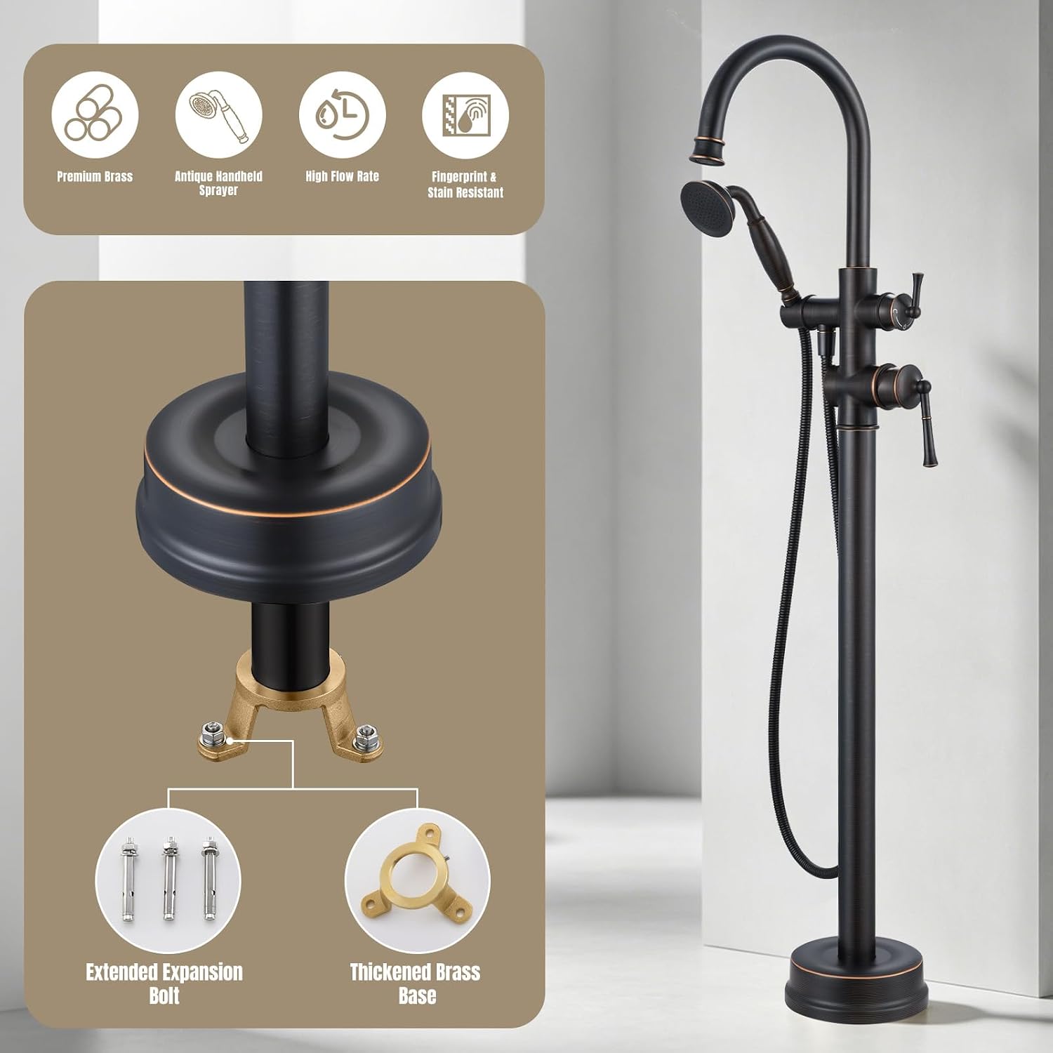 Free Standing Tub Faucet, Antique, Oil Rubbed Bronze (B2311-ORB) | H59-1 Premium Solid Brass, High Flow 6.6 GPM, Elegant & Vintage Styling