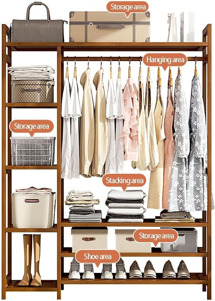 Floor-Standing Solid Wood Rotating Coat Rack，Natural Bamboo Coat Rack Stand with Hanging Rod, 2 Shelves & Hooks - Freestanding Garment Rack for Bedroom, Hallway & Entryway - Eco-Friendly, St
